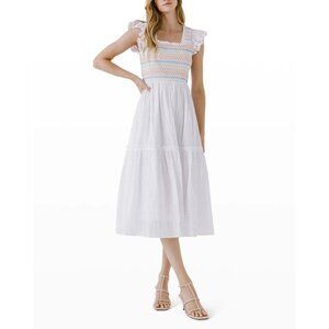 Feel The Roses White Smocked Multicolor Embroidery Midi Dress Sz‎ Small NWT